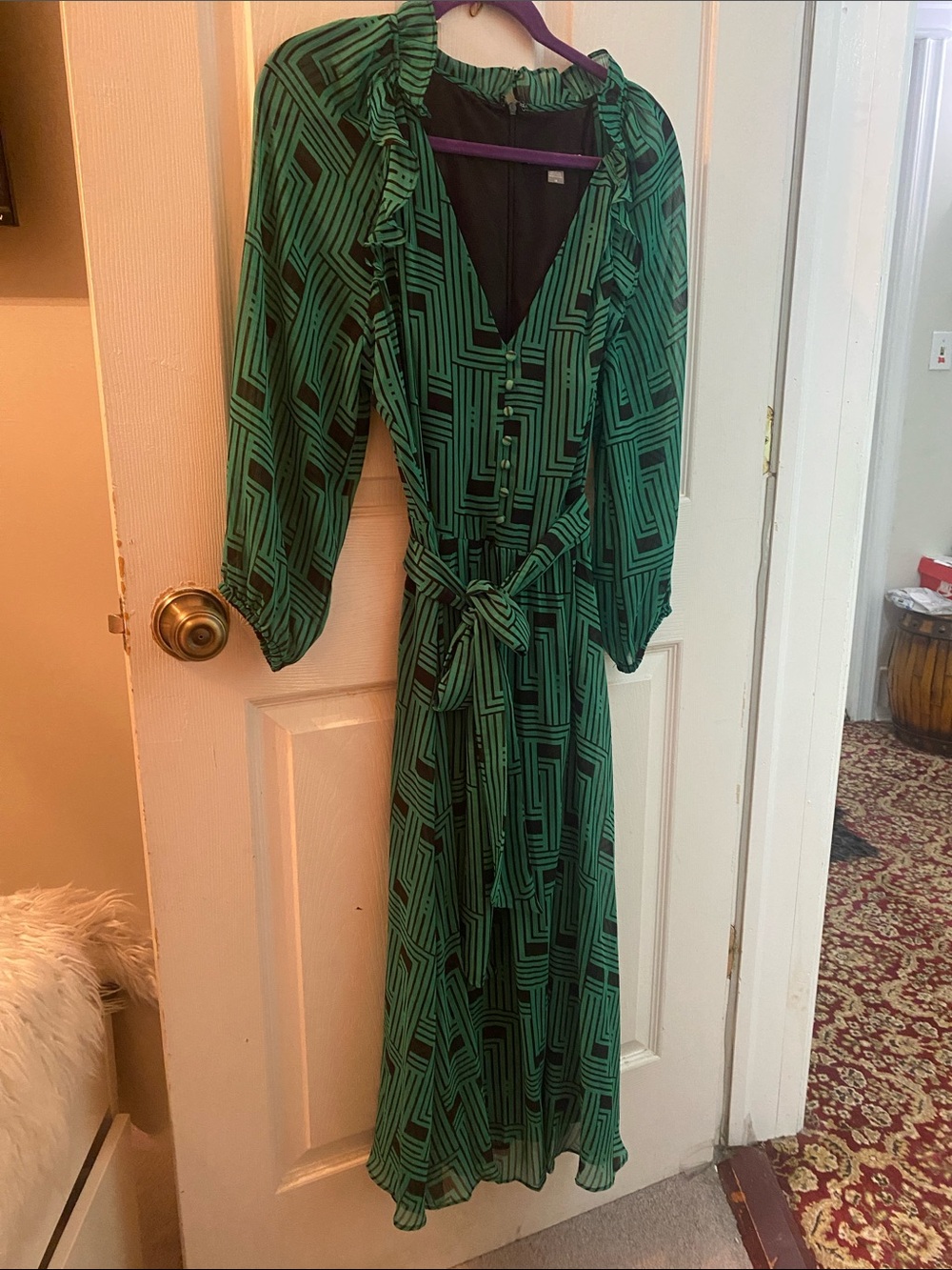Karl Lagerfeld Emerald Green & Black Geometric Maxi Dress with Tie belt Size 14